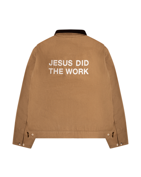 JESUS DID THE WORK' JACKET - SADDLE BROWN – NOT YET HOME